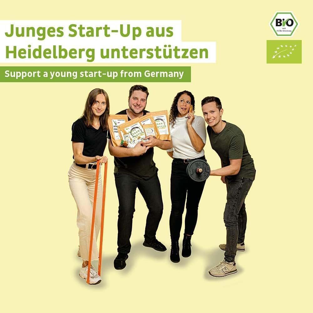 Quatre personnes tenant des produits. Texte : Soutenez une jeune start-up de Heidelberg. Produits : gélules, emballages.