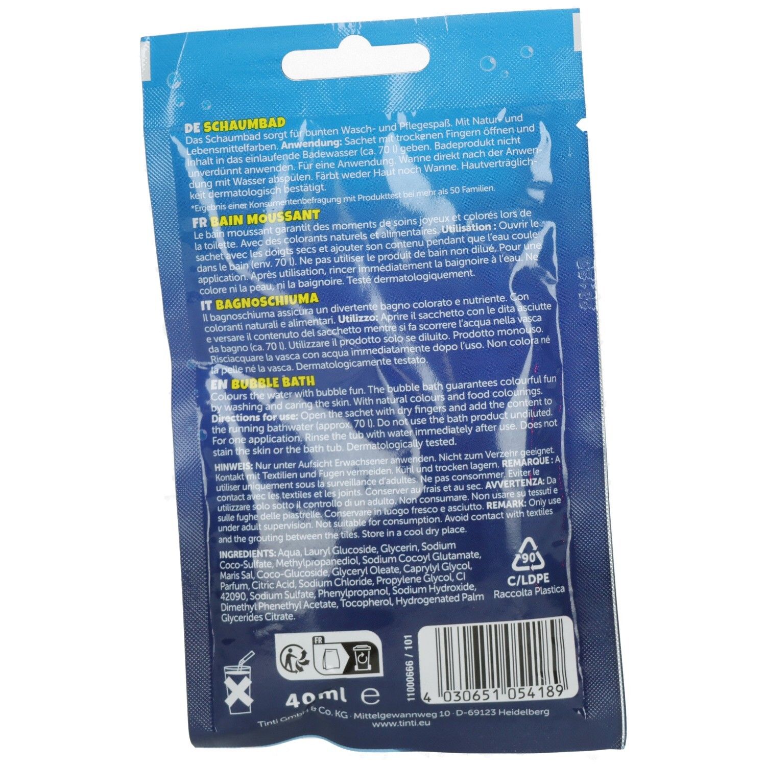 Ein Badesachet für Schaumbad mit bunten Farben und Duft.