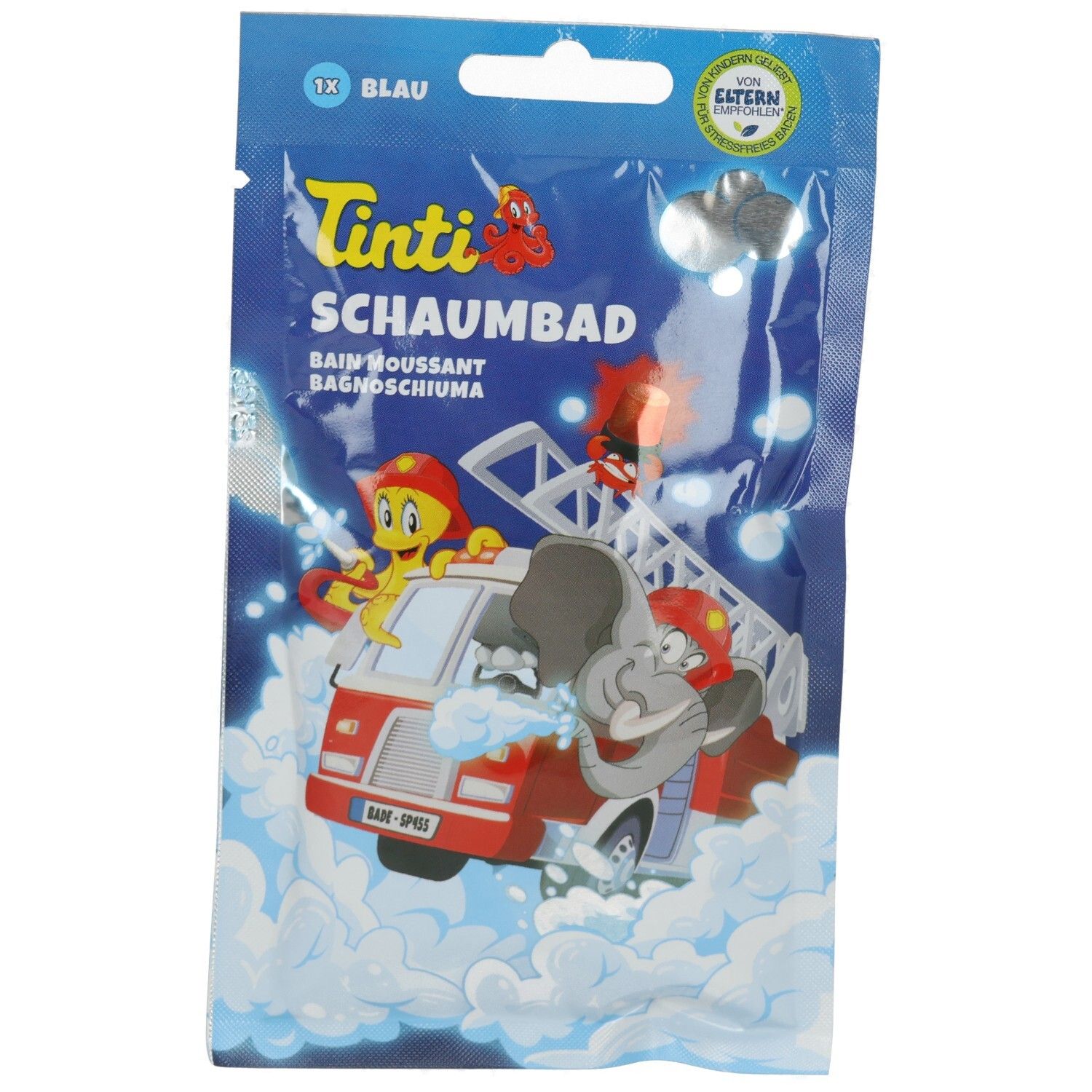 Tinti Schaumbad Beutel mit Feuerwehr-Motiv: Elefant und gelbe Figur auf einem roten Feuerwehrauto.