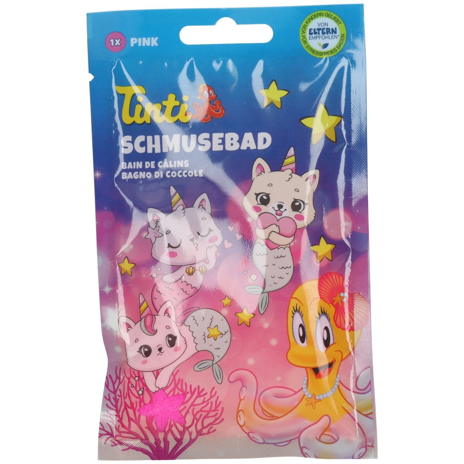 Tintifant Schmusebad, pink, mit Meerjungfrauen-Katzen und Oktopus-Motiv.