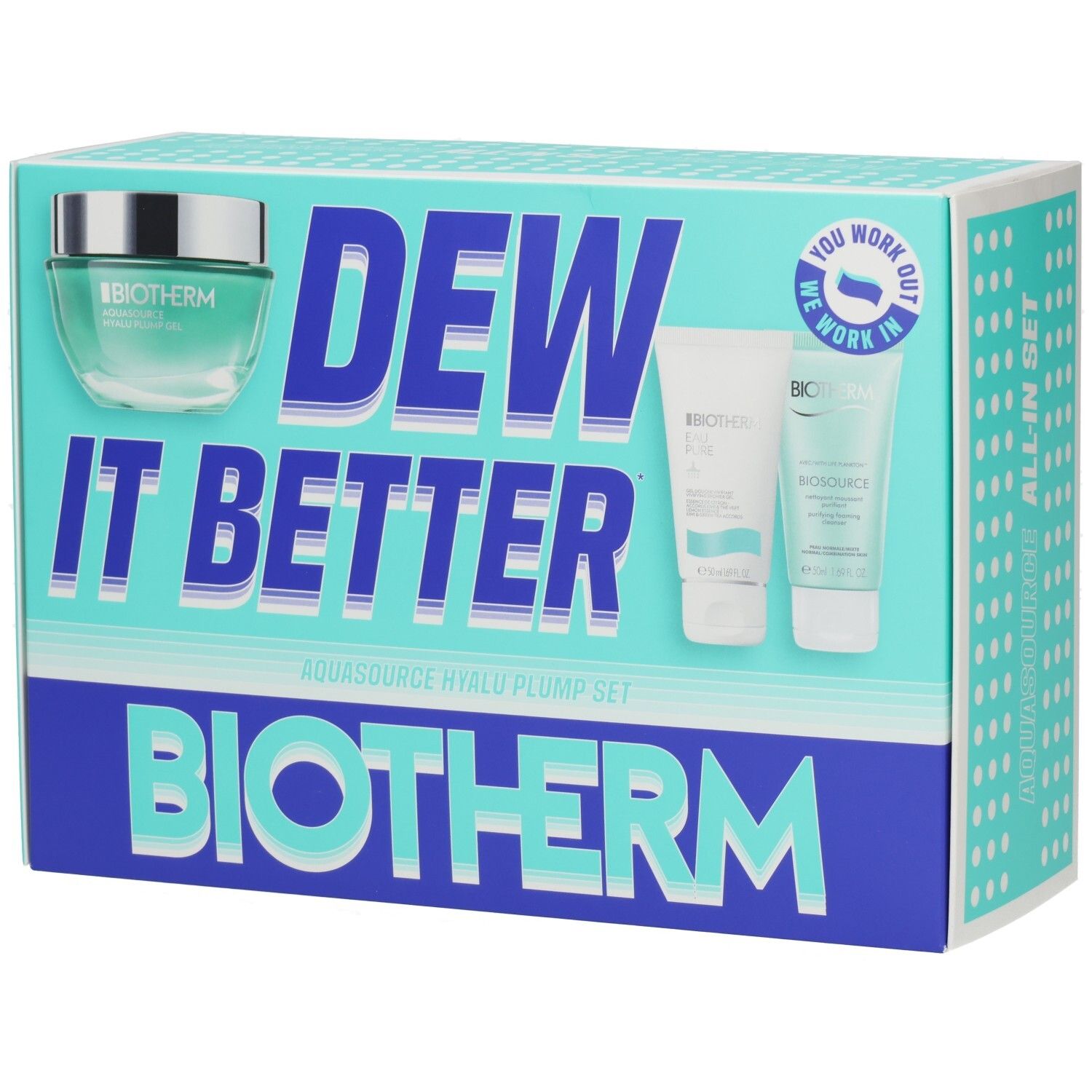Biotherm Aquasource Hyalu Plump Set Kosmetikverpackung mit Tiegel und zwei Tuben.