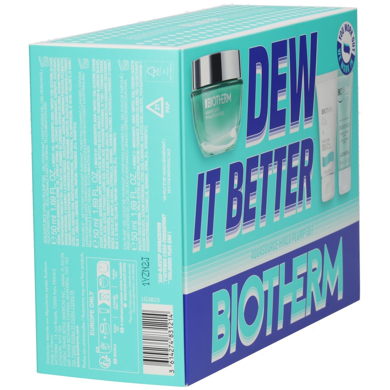 Biotherm Geschenkset mit Flakon und zwei Tuben. Aufschrift: "DEW IT BETTER".