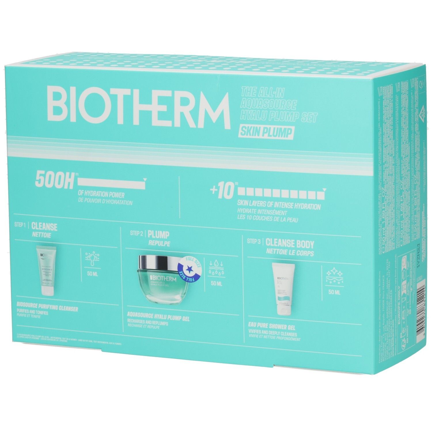 Biotherm Skin Plump Set: 500H Feuchtigkeitspflege, Gesichtsreiniger, Gesichtscreme und Duschgel.