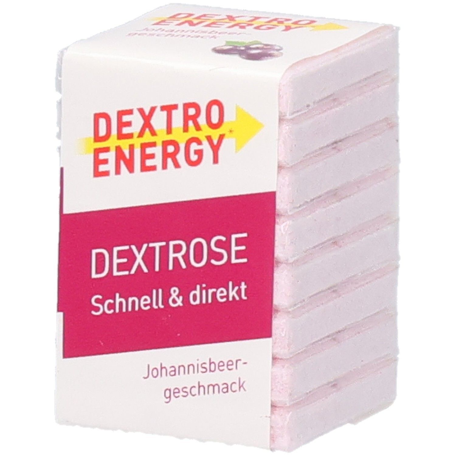 DEXTRO ENERGY Johannisbeere Würfel. Rosa Würfel in Verpackung. Aufdruck: DEXTRO ENERGY, DEXTROSE, Johannisbeergeschmack.
