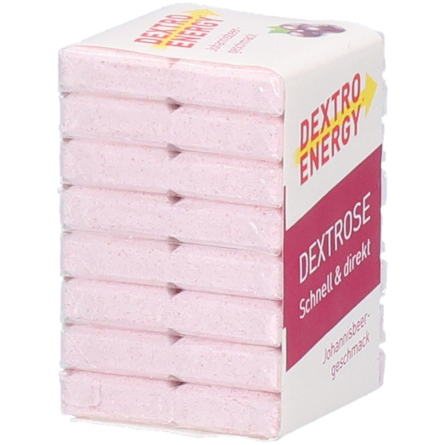 DEXTRO ENERGY Johannisbeere Würfel. Rosa Würfel in Verpackung. Aufdruck: DEXTRO ENERGY, DEXTROSE, Johannisbeergeschmack.