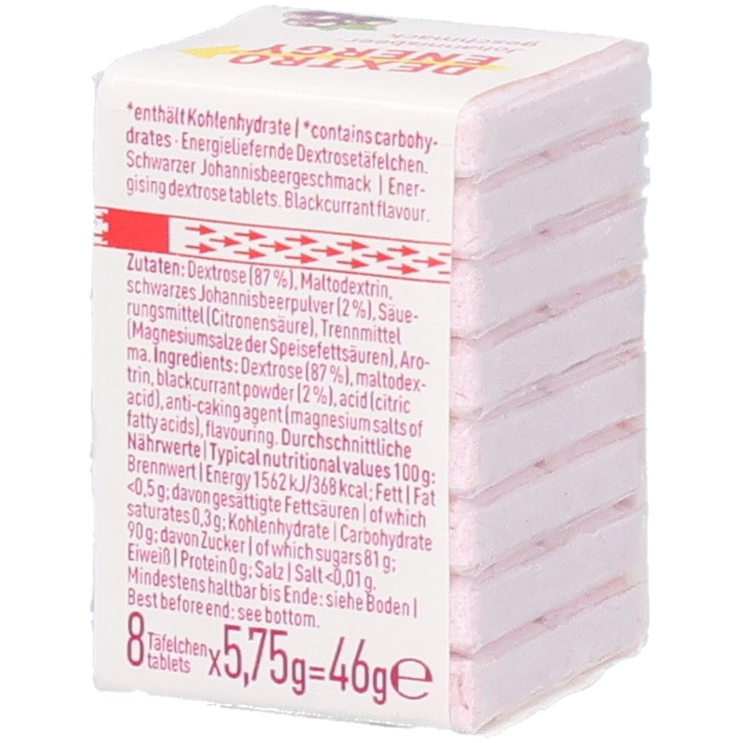 DEXTRO ENERGY Johannisbeere Würfel. Verpackung mit rosa Würfeln. Aufdruck: Zutaten, Nährwerte, 8 Tabletten, 5,75g=46g.