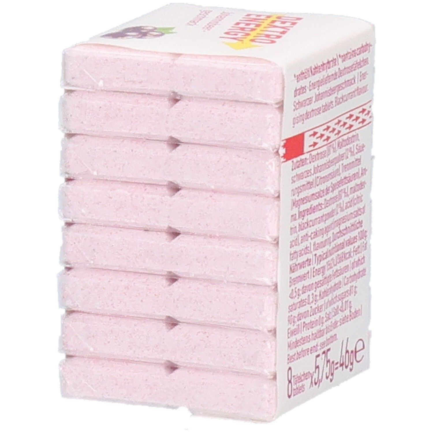 DEXTRO ENERGY Johannisbeere Würfel. Verpackung mit rosa Würfeln. Aufdruck: Zutaten, Nährwerte, 8 Tabletten, 5,75g=46g.