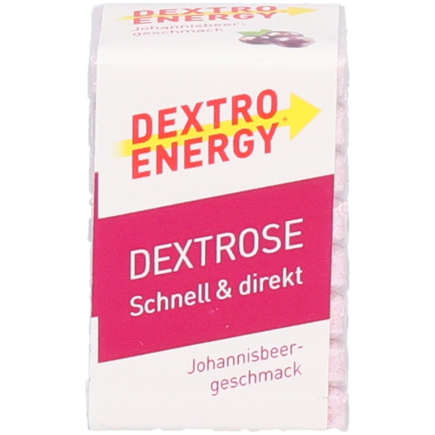 DEXTRO ENERGY Johannisbeere Würfel. Rosa Würfel in Verpackung. Aufdruck: DEXTRO ENERGY, DEXTROSE, Johannisbeergeschmack.