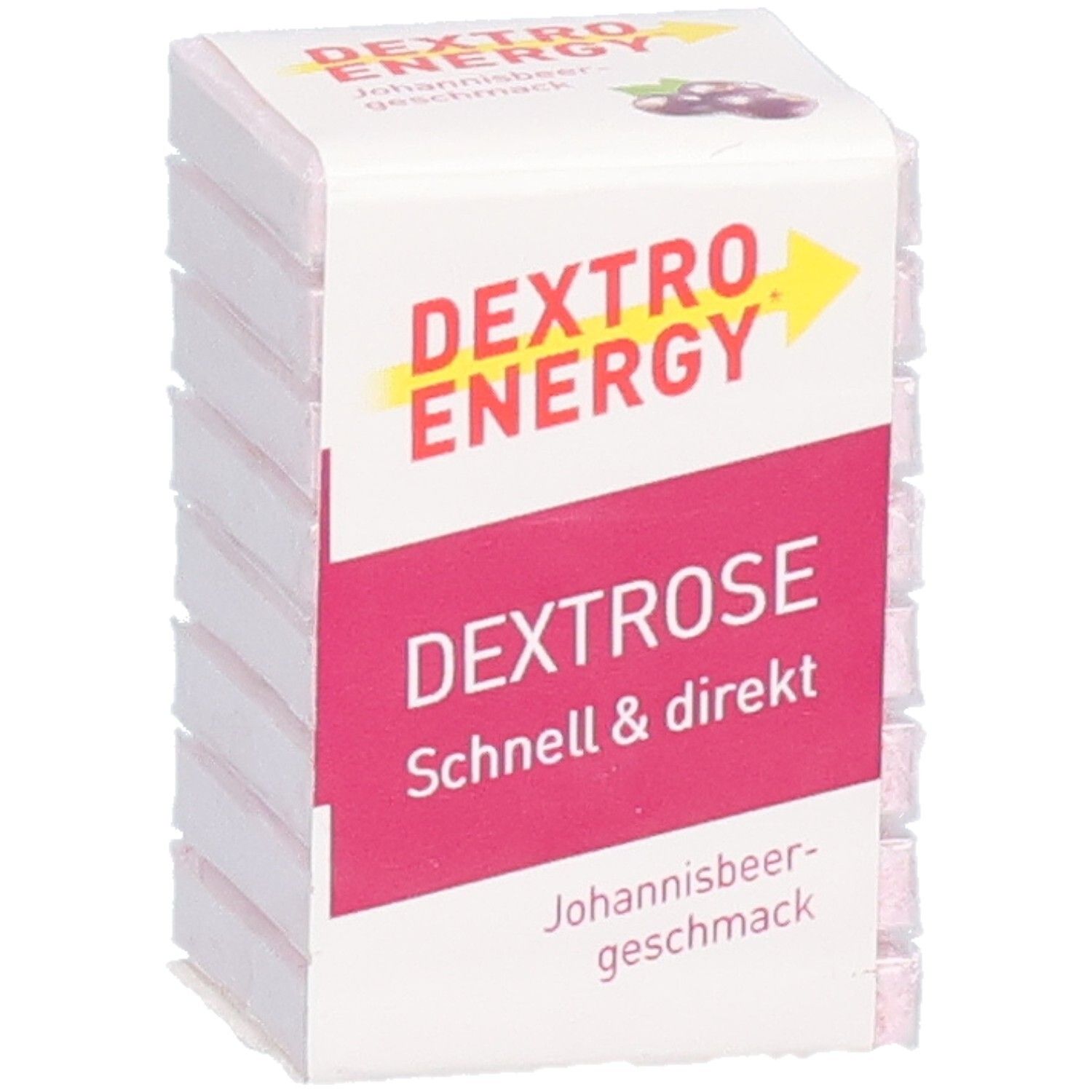 DEXTRO ENERGY Johannisbeere Würfel. Rosa Würfel in Verpackung. Aufdruck: DEXTRO ENERGY, DEXTROSE, Johannisbeergeschmack.
