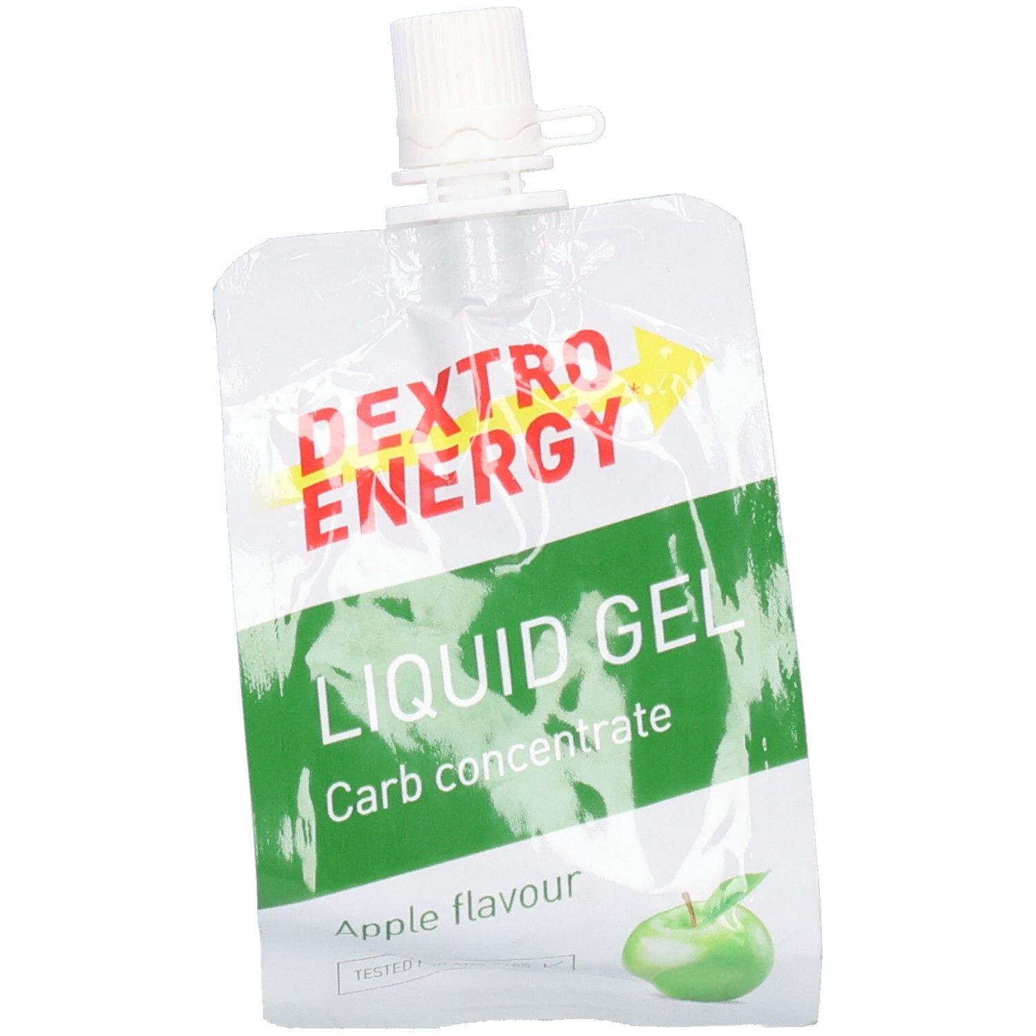 Gelpackung mit weißem Verschluss. Aufschrift: DEXTRO ENERGY, LIQUID GEL, Carb concentrate, Apple flavour. Grüner Apfel.