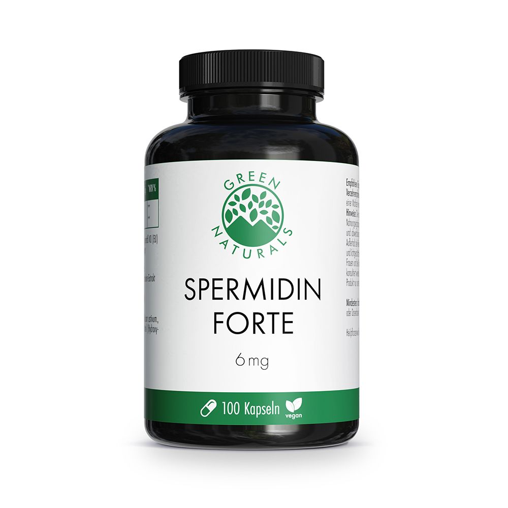 Gélules Green Naturals Spermidin Forte 6 mg en flacon noir, 100 pièces.