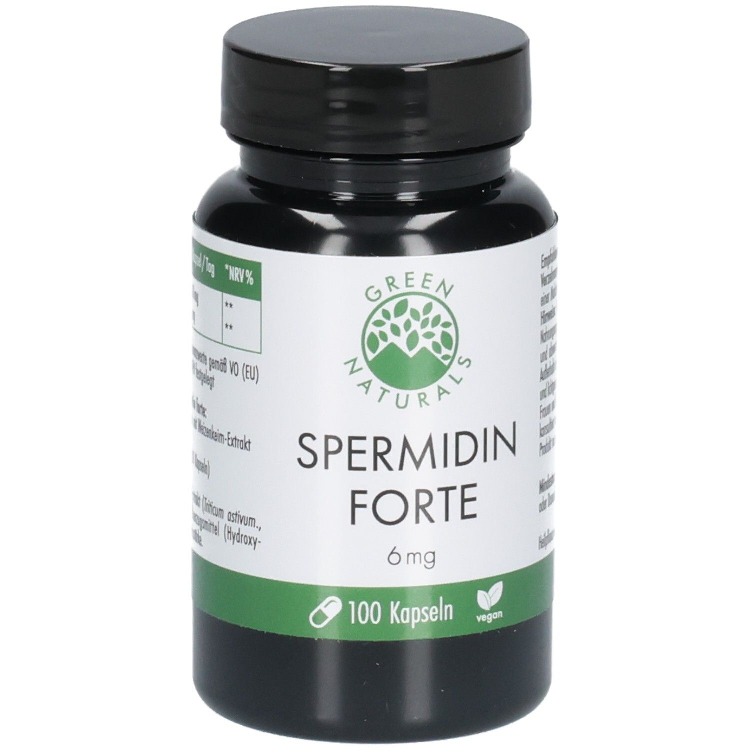 Grüne Flasche mit schwarzen Deckel. Aufschrift: Spermidin Forte 6 mg, 100 Kapseln, vegan. Logo: grüne Blätter.