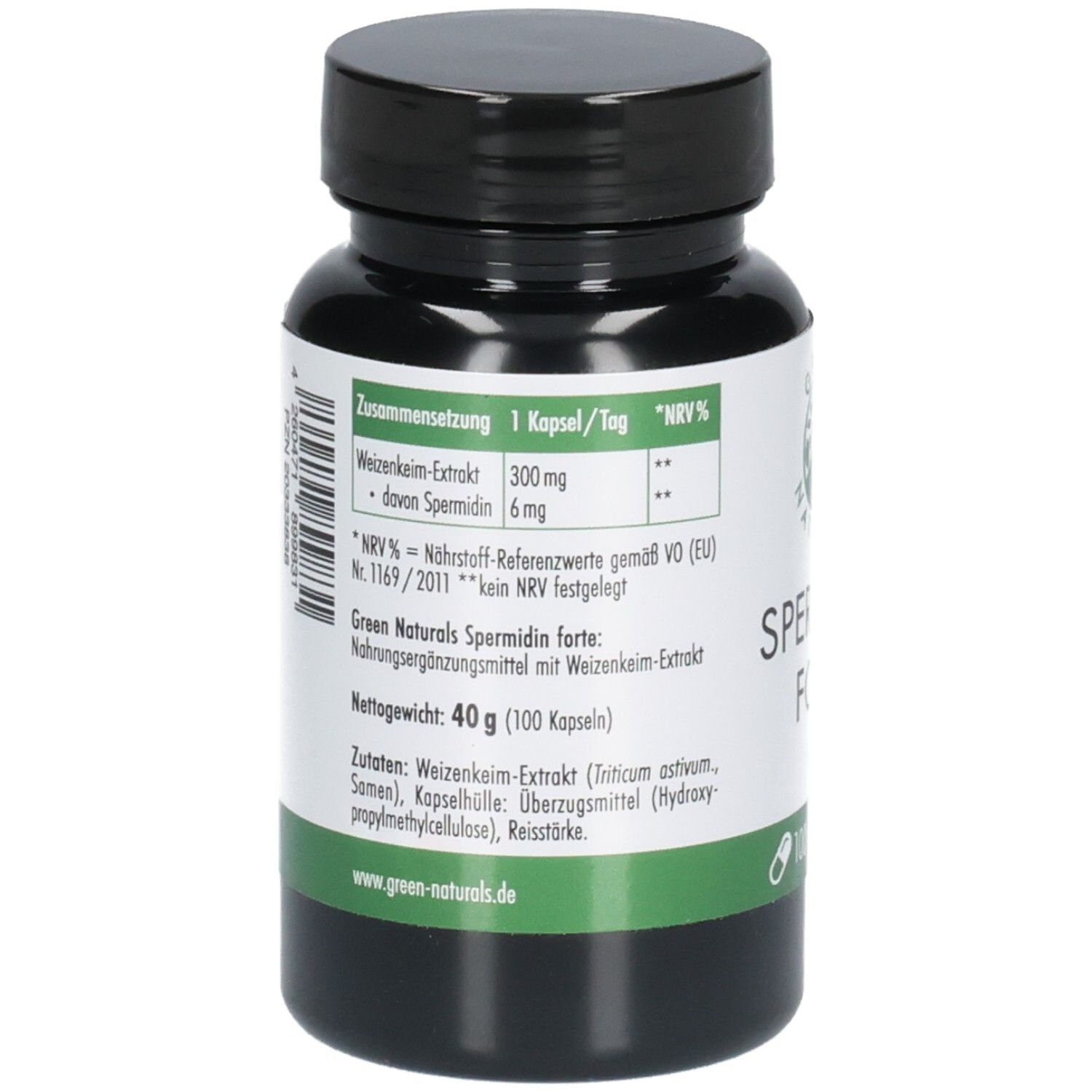 Grüne Flasche, Rückseite. Text: Zusammensetzung, Weizenkeim-Extrakt, Spermidin 6 mg, Nettogewicht 40 g (100 Kapseln).