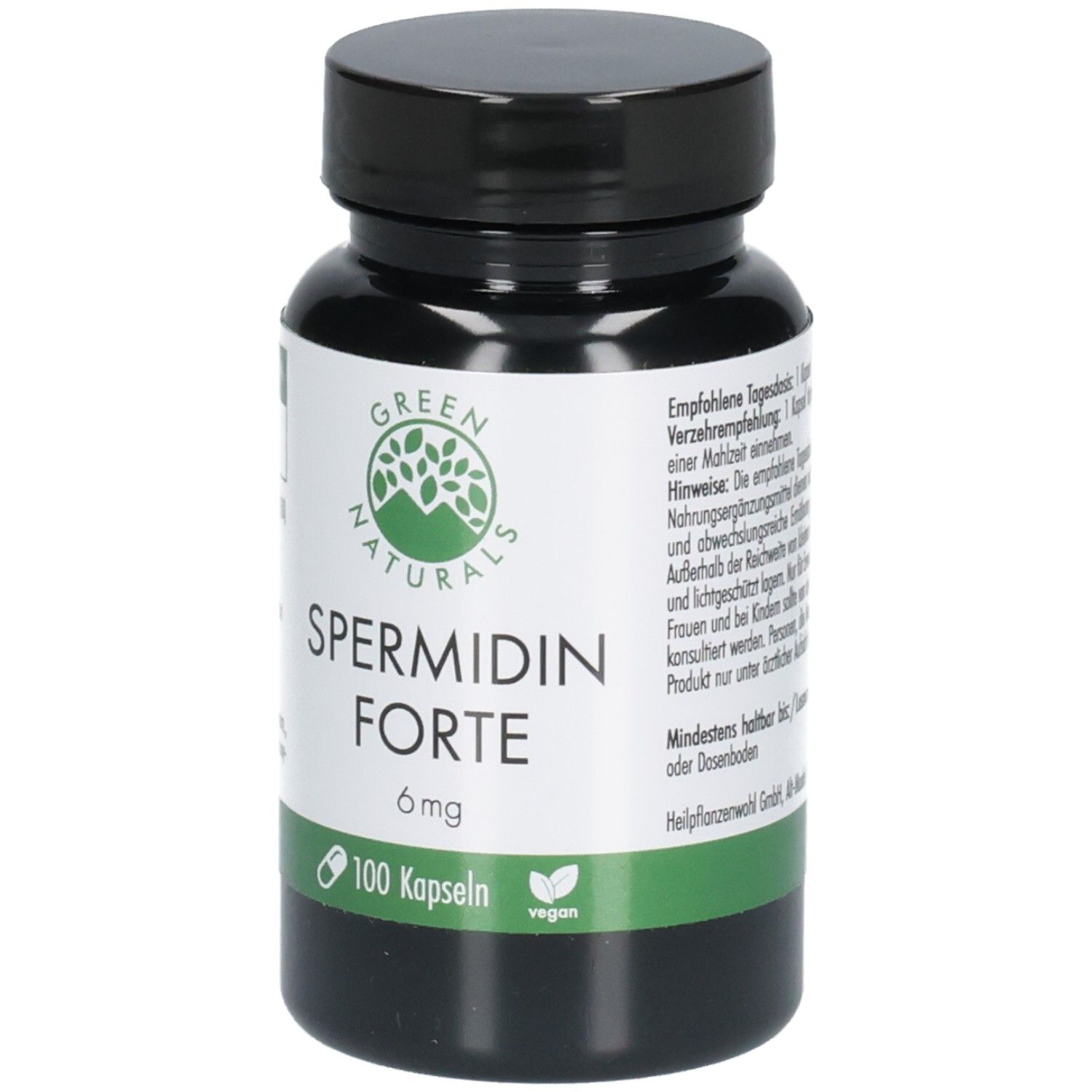 Grüne Flasche mit schwarzen Deckel. Aufschrift: Spermidin Forte 6 mg, 100 Kapseln, vegan. Logo: grüne Blätter.