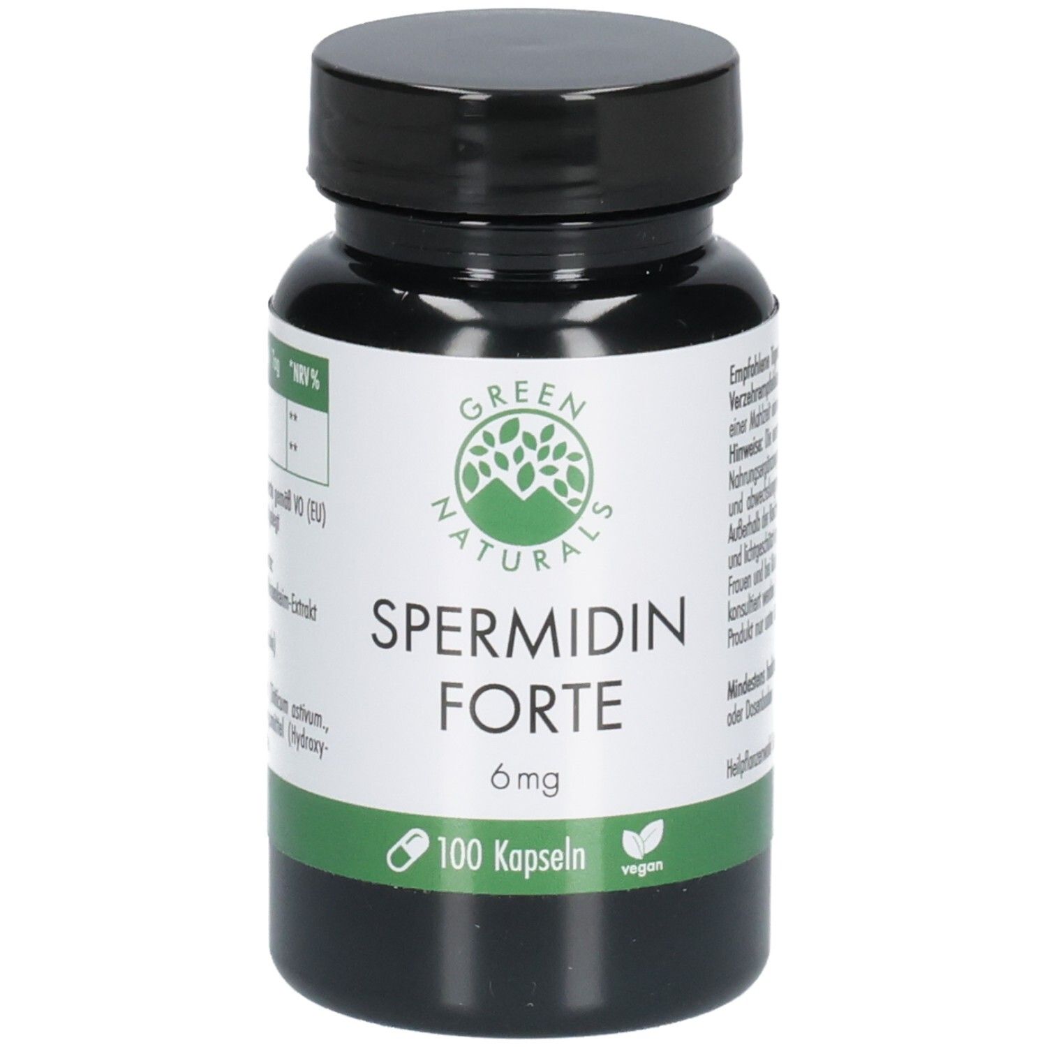 Grüne Flasche mit schwarzen Deckel. Aufschrift: Spermidin Forte 6 mg, 100 Kapseln, vegan. Logo: grüne Blätter.