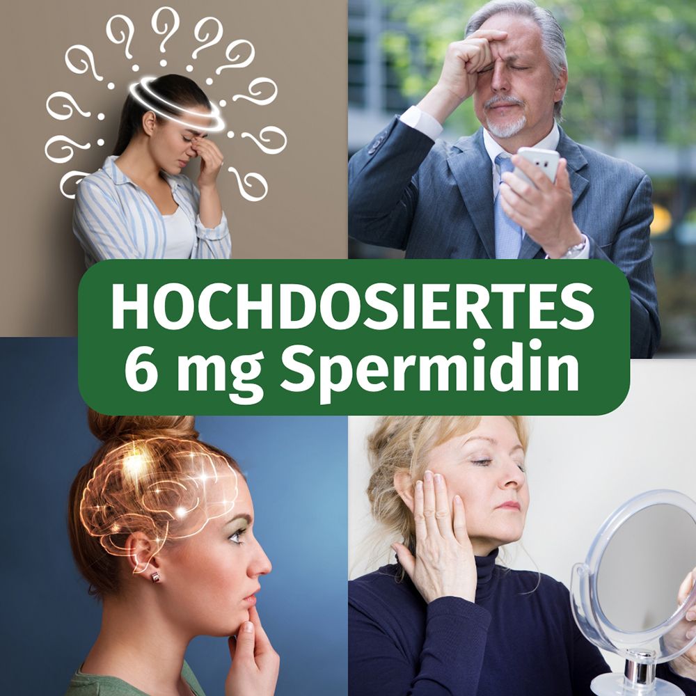 Collage: maux de tête, homme avec téléphone, cerveau, femme avec miroir. Texte : Spermidine 6 mg à haute dose.