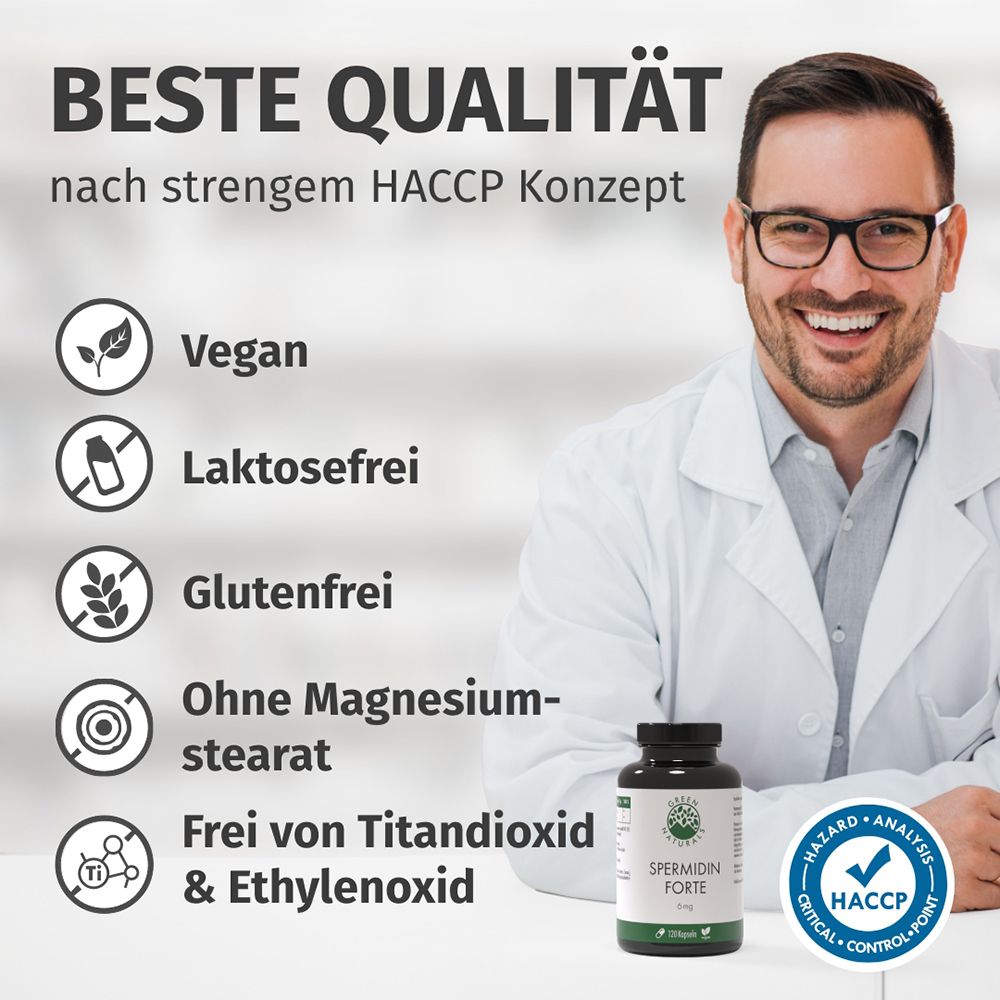 Homme en blouse blanche avec flacon de produit. À gauche : sceaux pour Végétalien, Sans lactose, Sans gluten, HACCP.