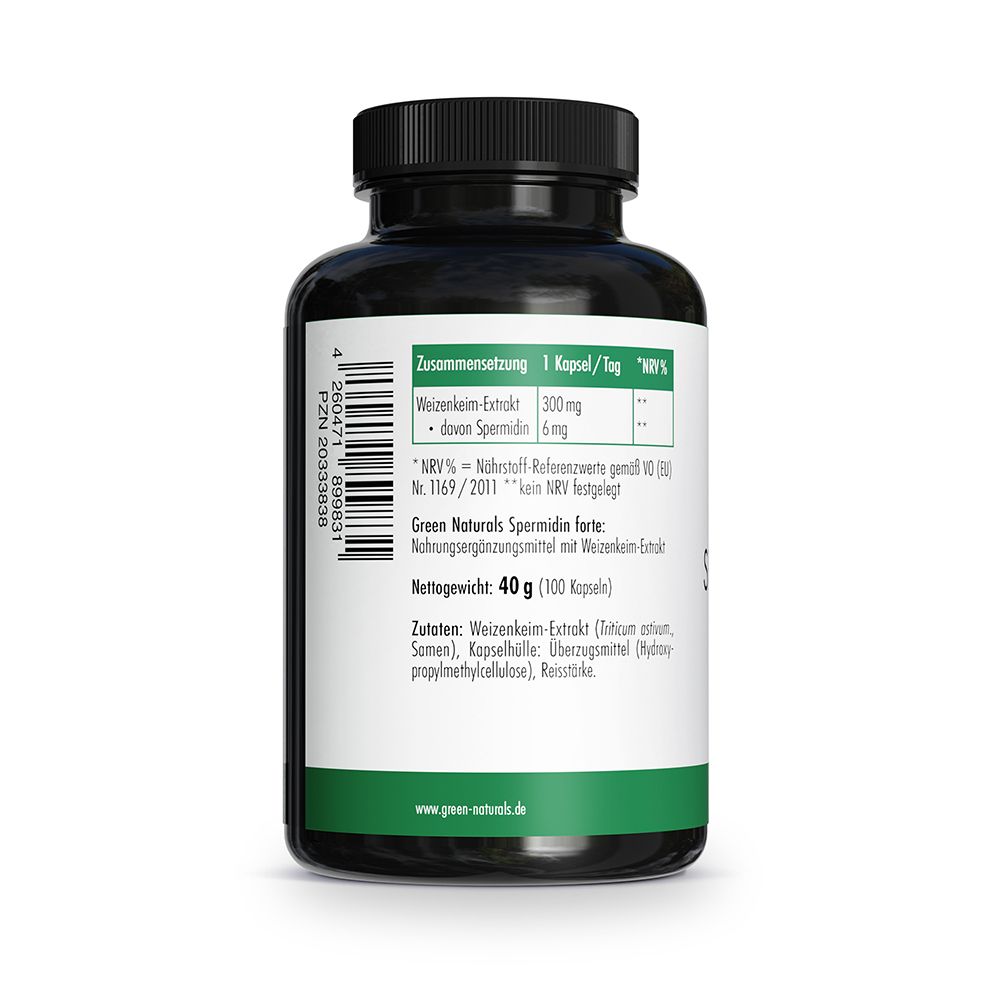Arrière du flacon avec informations nutritionnelles : extrait de germe de blé 300 mg, dont spermidine 6 mg.