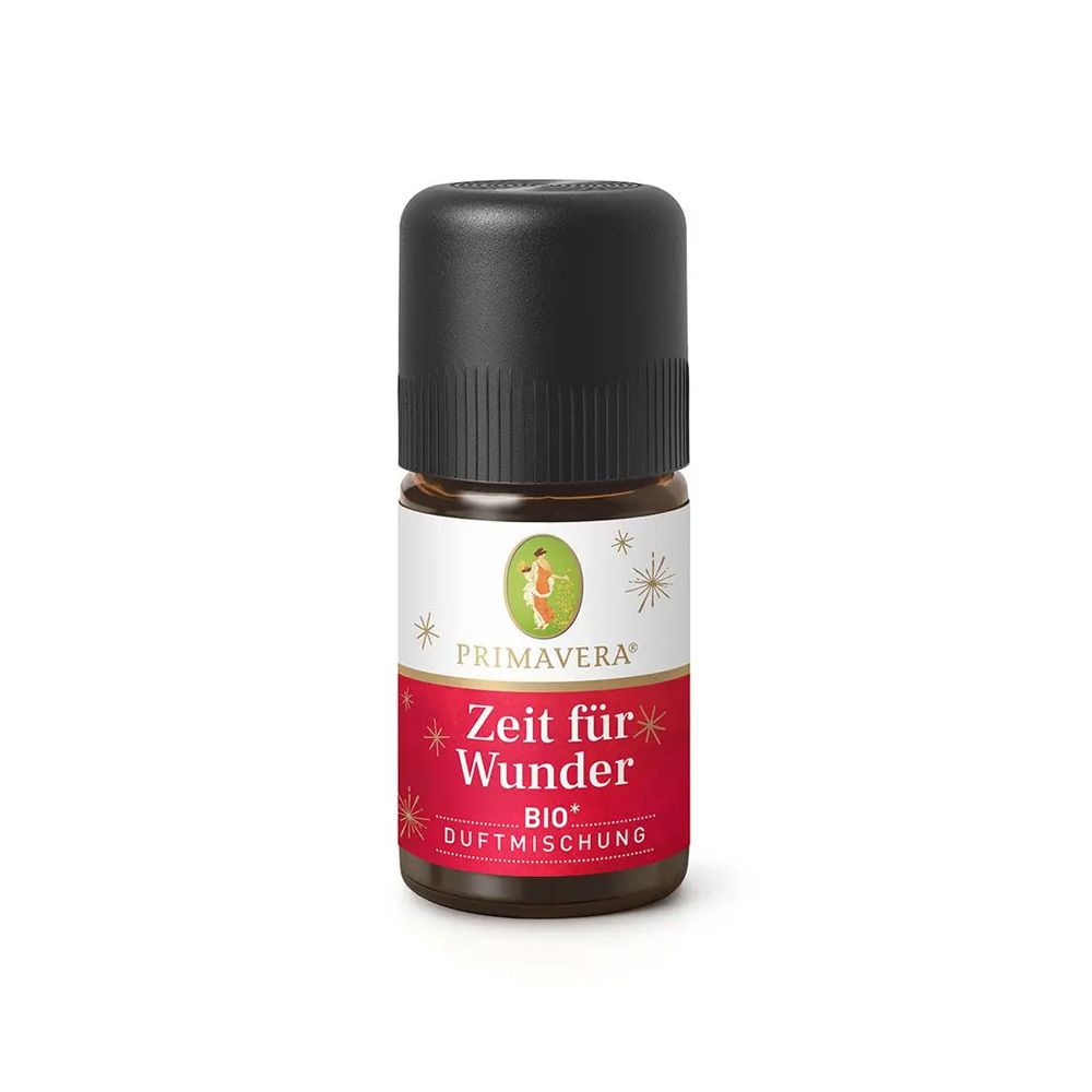 Braune Glasflasche mit schwarzem Deckel, Etikett mit "Primavera Zeit für Wunder BIO Duftmischung".