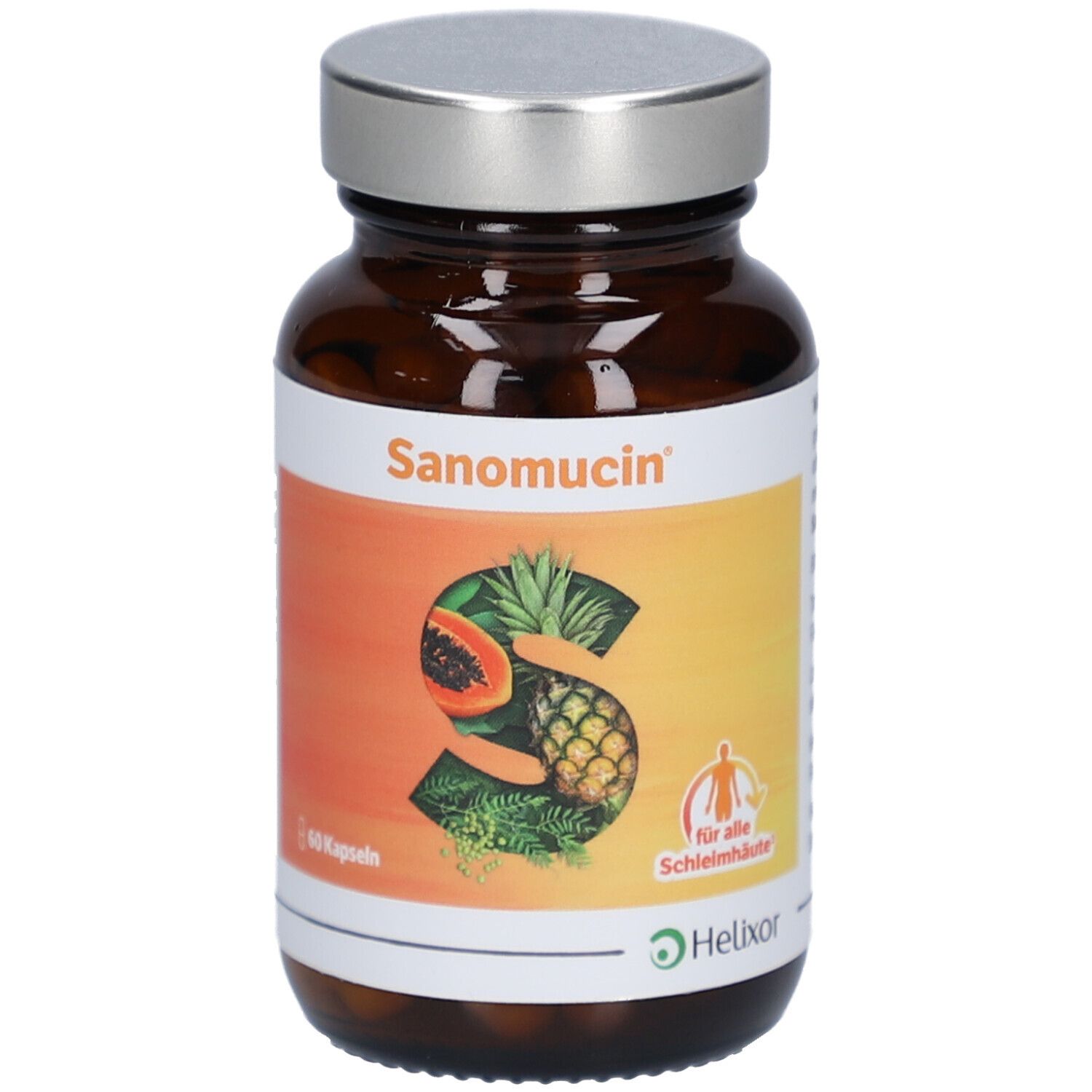 Flacon en verre brun avec capsules. Étiquette Sanomucin, fruits et logo. Bouchon argenté.