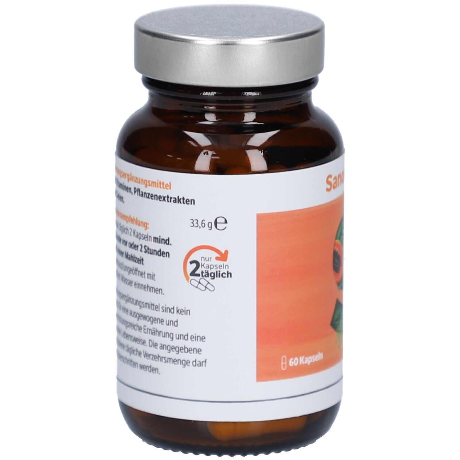 Flacon en verre brun avec capsules. Étiquette avec informations produit, dosage et ingrédients. Bouchon argenté.