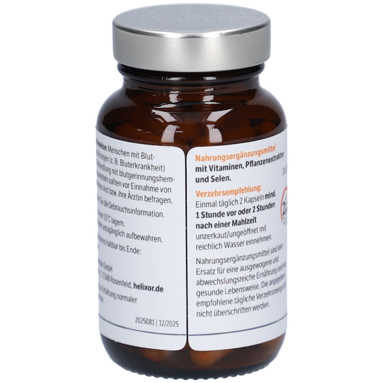 Flacon en verre brun avec capsules. Étiquette avec informations produit, avertissements et date de péremption. Bouchon argenté.