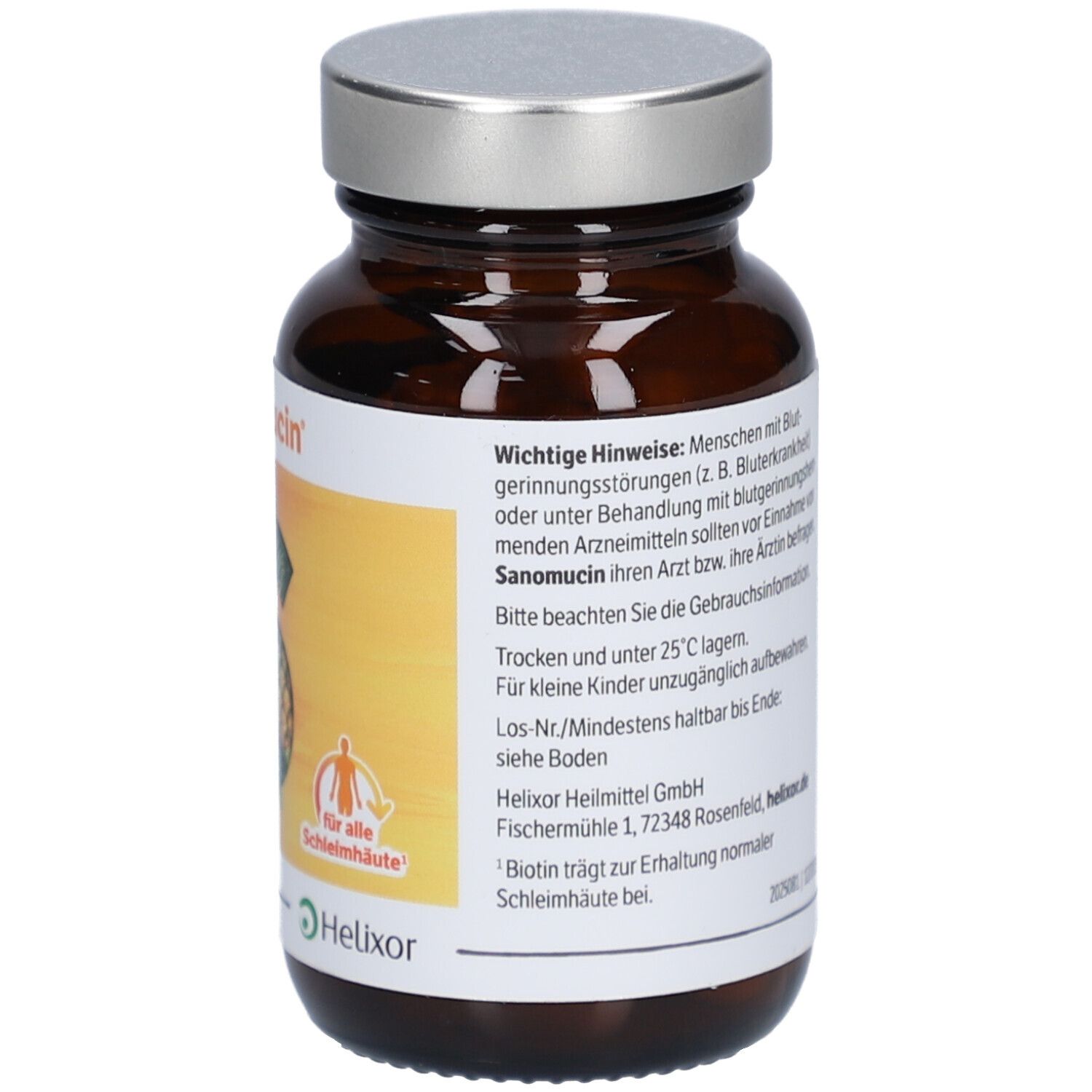 Flacon en verre brun avec capsules. Étiquette Sanomucin, logo et avertissements. Bouchon argenté.