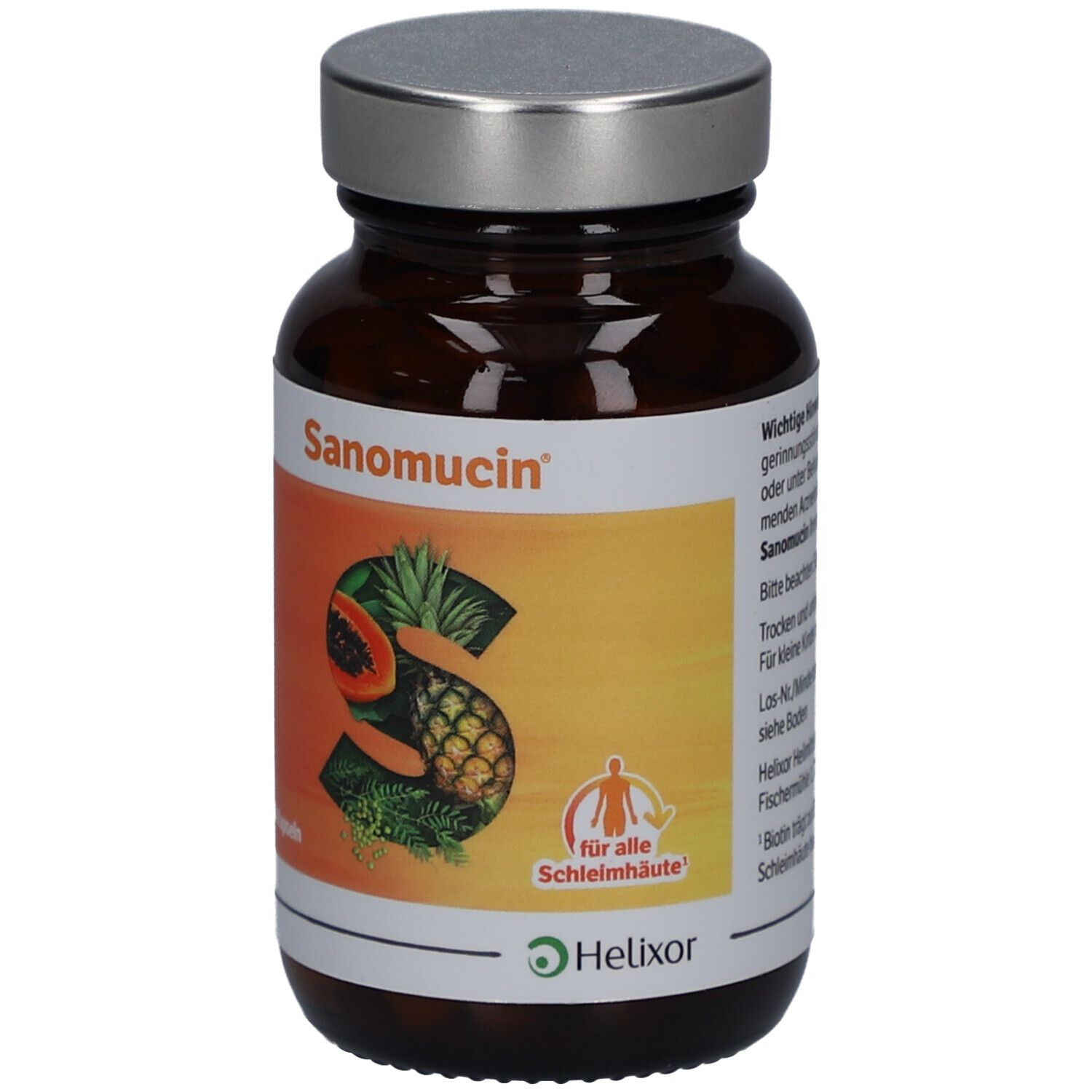 Flacon en verre brun avec capsules. Étiquette Sanomucin, fruits et logo. Bouchon argenté.