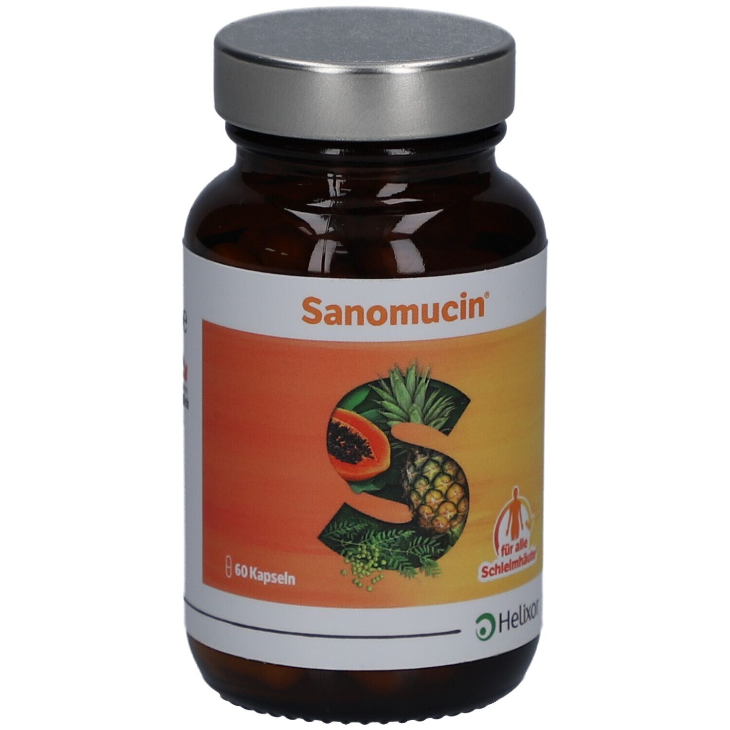 Flacon en verre brun avec capsules. Étiquette Sanomucin, fruits et logo. Bouchon argenté.