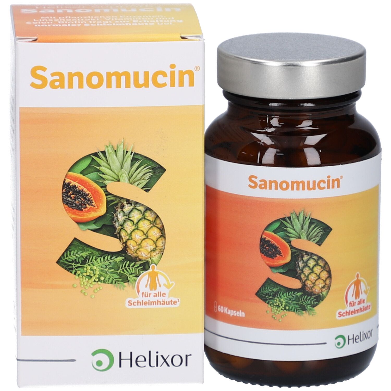 Emballage produit avec flacon et boîte. Flacon avec capsules, étiquette Sanomucin. Boîte avec logo et nom du produit.