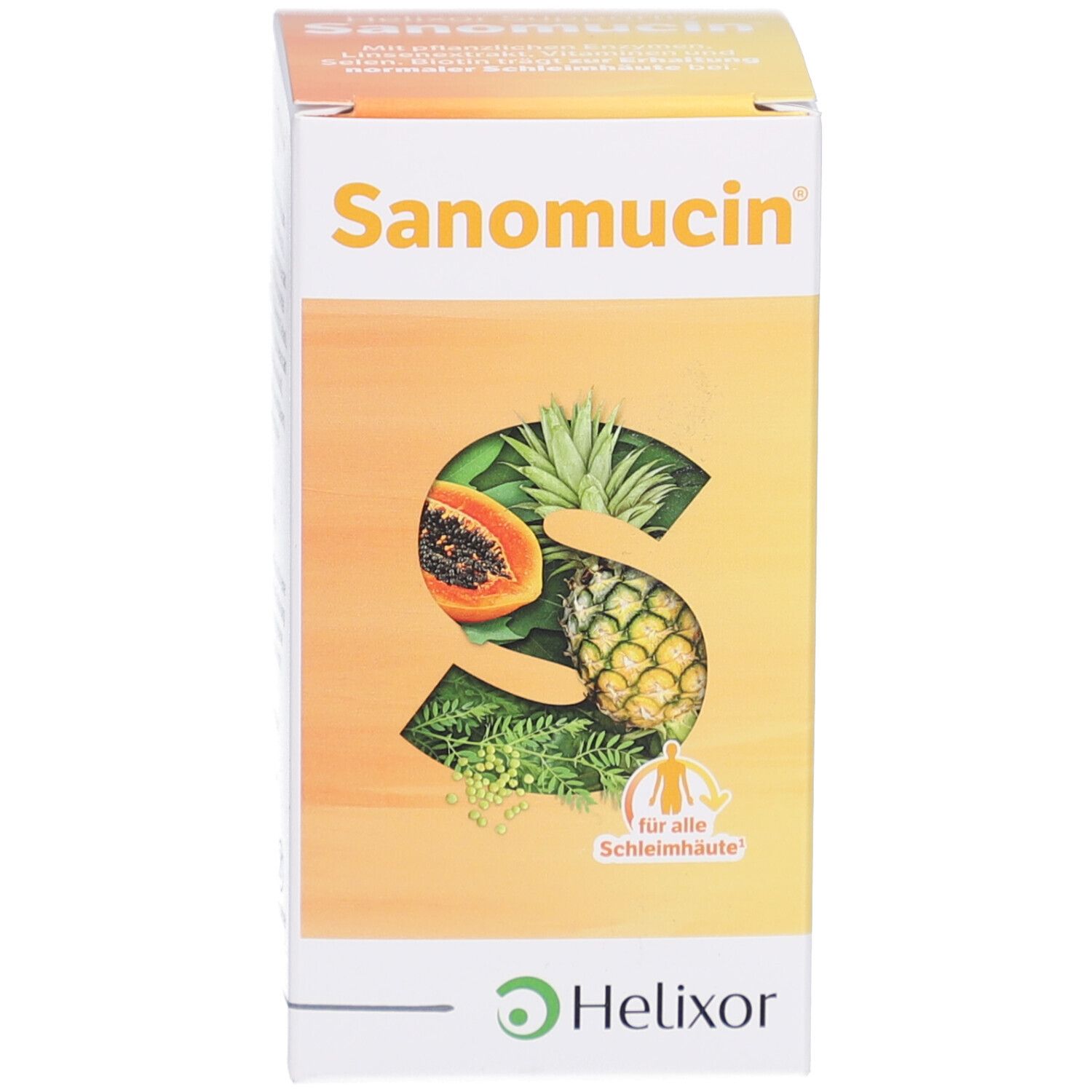 Boîte du produit avec nom Sanomucin, logo et fruits. Fond blanc.