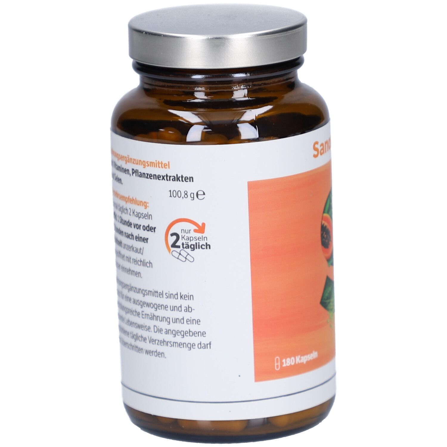 Braune Glasflasche mit silbernem Deckel. Aufkleber mit Produktinformationen und der Aufschrift "Sanomucin". Enthält 180 Kapseln.