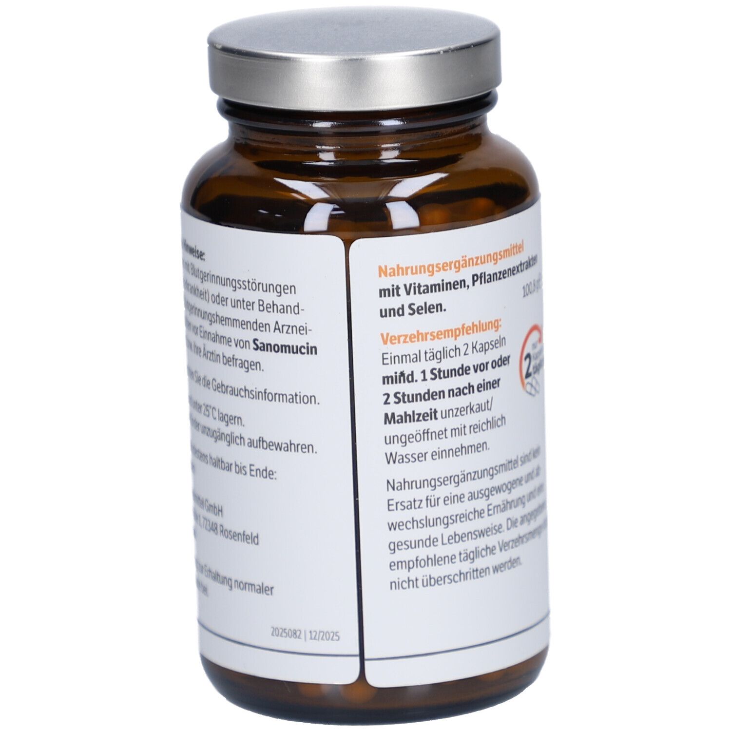 Braune Glasflasche mit silbernem Deckel. Aufkleber mit Produktinformationen, Text und Dosierungshinweisen. "Sanomucin" ist auf dem Etikett zu sehen.