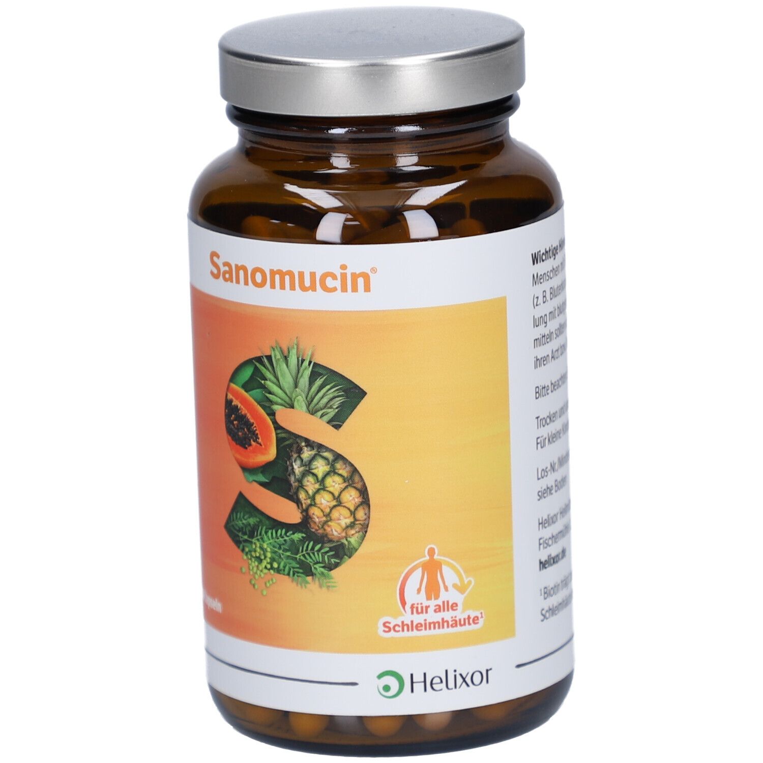 Braune Glasflasche mit silbernem Deckel. Aufkleber mit "Sanomucin" und Illustrationen von Früchten. Logo von Helixor.