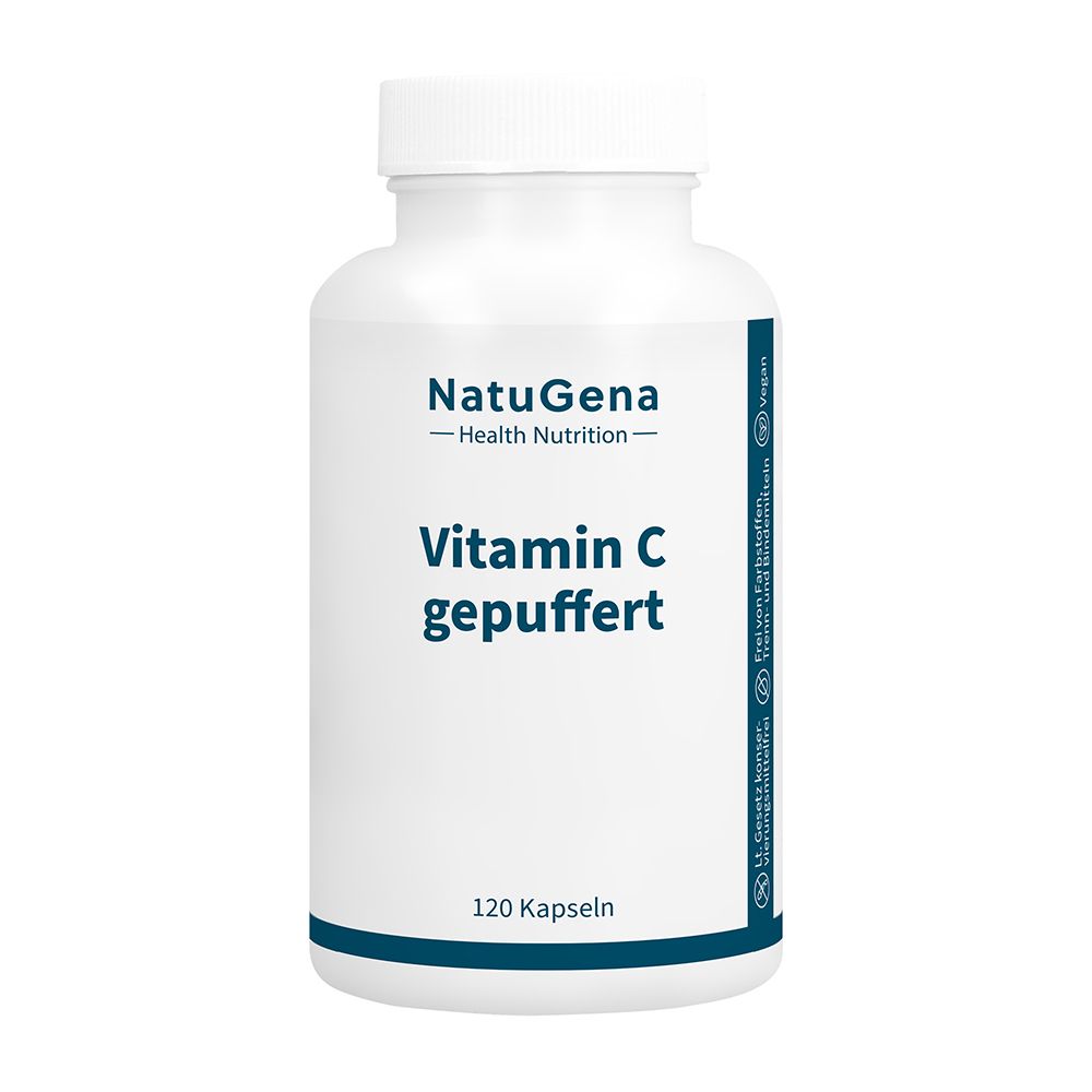 Weiße Dose NatuGena Vitamin C gepuffert, 120 Kapseln.