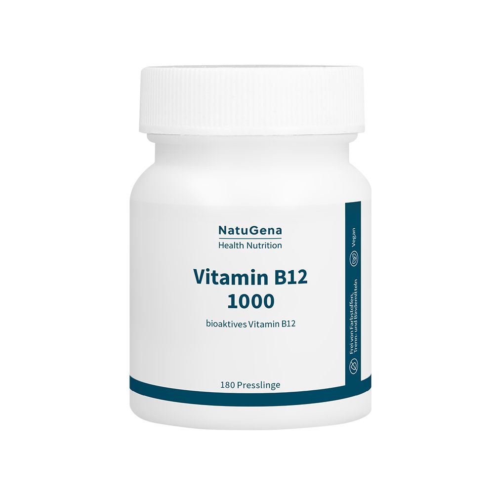 Weiße Dose NatuGena Vitamin B12 1000, 180 Presslinge.