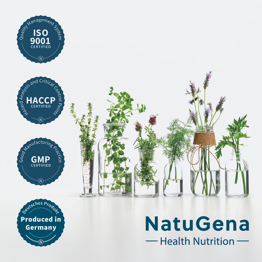 Zertifikate ISO 9001, HACCP, GMP, Deutsches Produkt. Blumen in Gläsern.