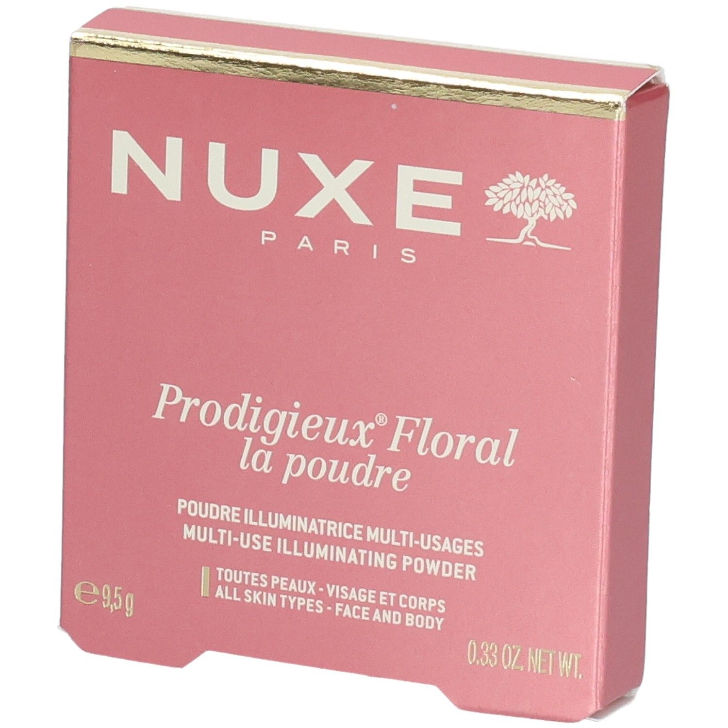 Nuxe Prodigieux Floral Multi-Use Illuminating Powder Verpackung. Rosa Karton mit goldener Banderole.