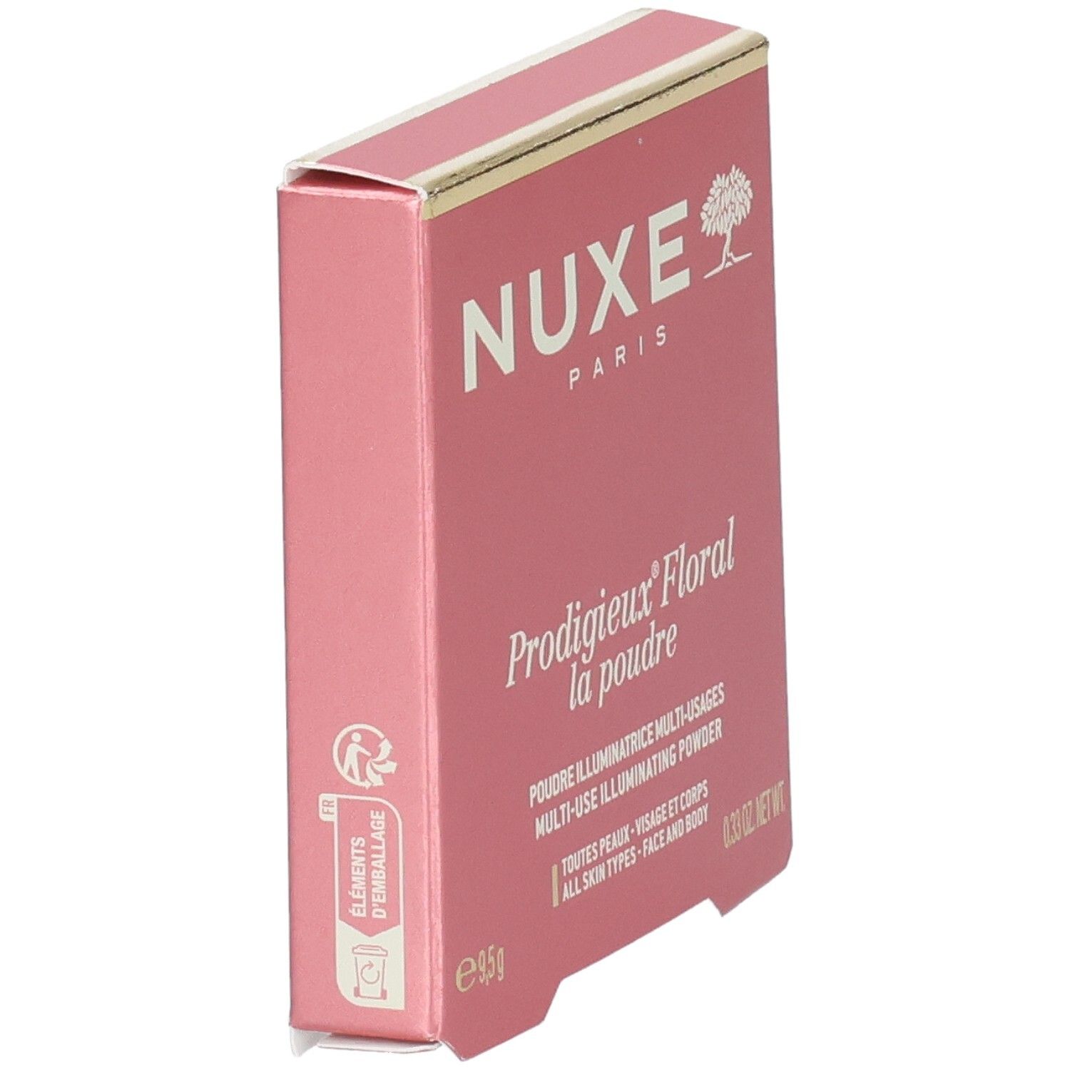 Nuxe Prodigieux Floral Verpackung, Seitenansicht. Rosa Karton mit Informationen zur Entsorgung.