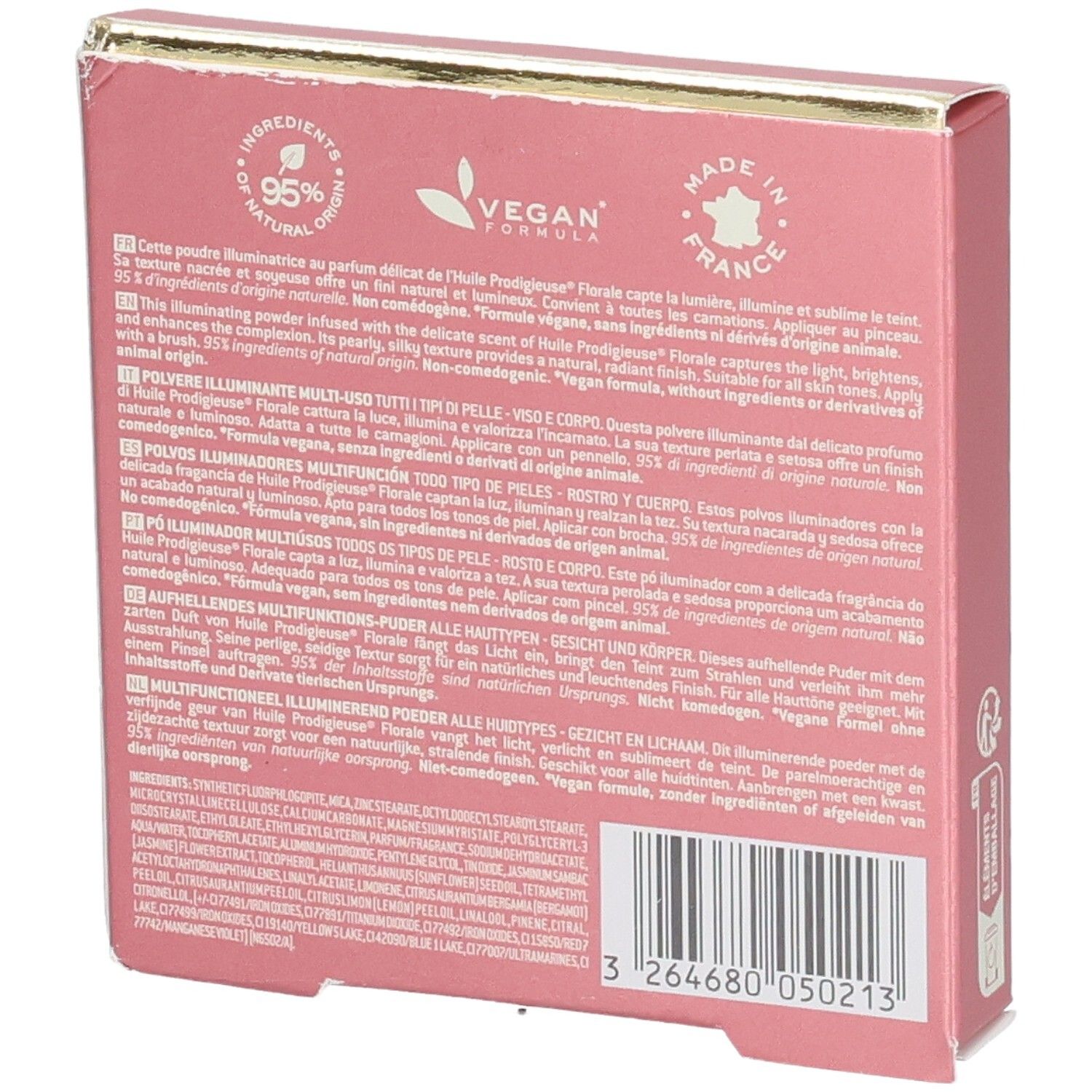 Rückseite der Nuxe Prodigieux Floral Verpackung. Rosa Karton mit Produktinformationen und Siegeln.