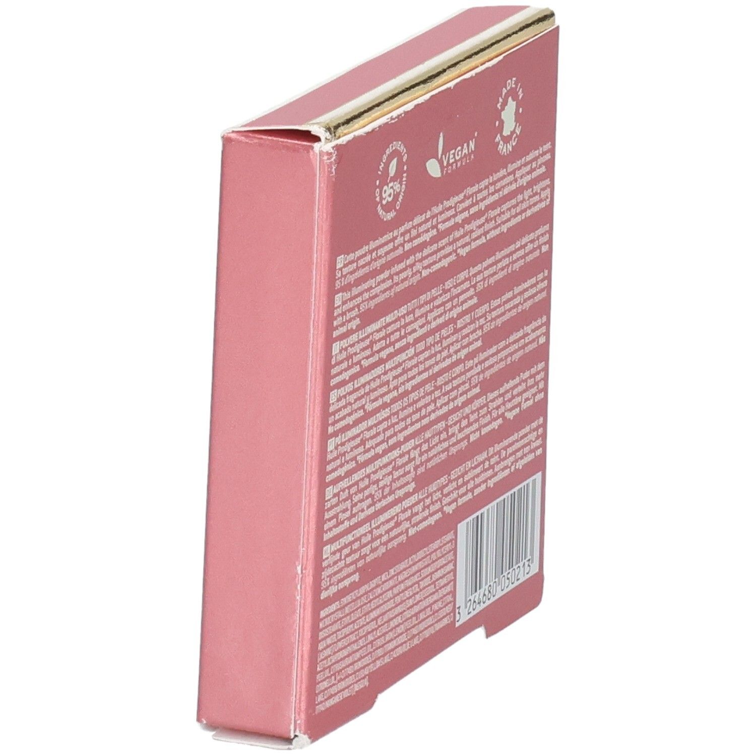 Seitenansicht der Nuxe Prodigieux Floral Verpackung. Rosa Karton mit Text und Barcode.