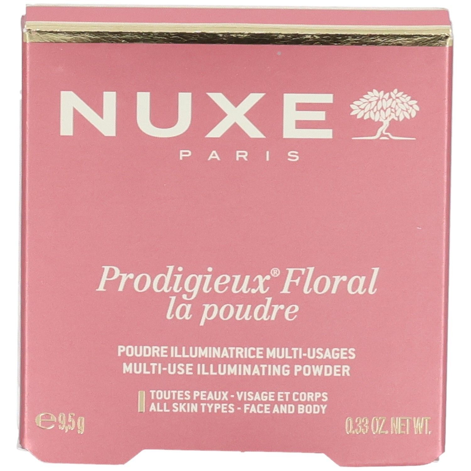 Nuxe Prodigieux Floral Multi-Use Illuminating Powder Verpackung. Rosa Karton mit goldener Banderole.
