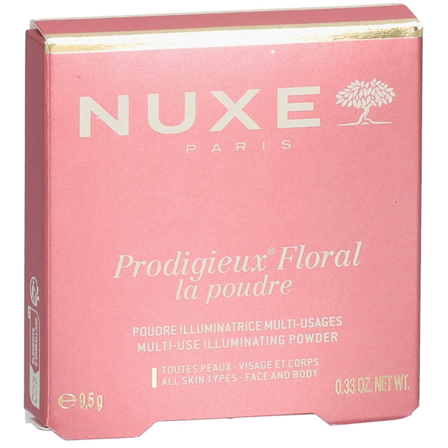 Vorderseite der Nuxe Prodigieux Floral Verpackung. Rosa Karton mit Produktnamen und Markenzeichen.