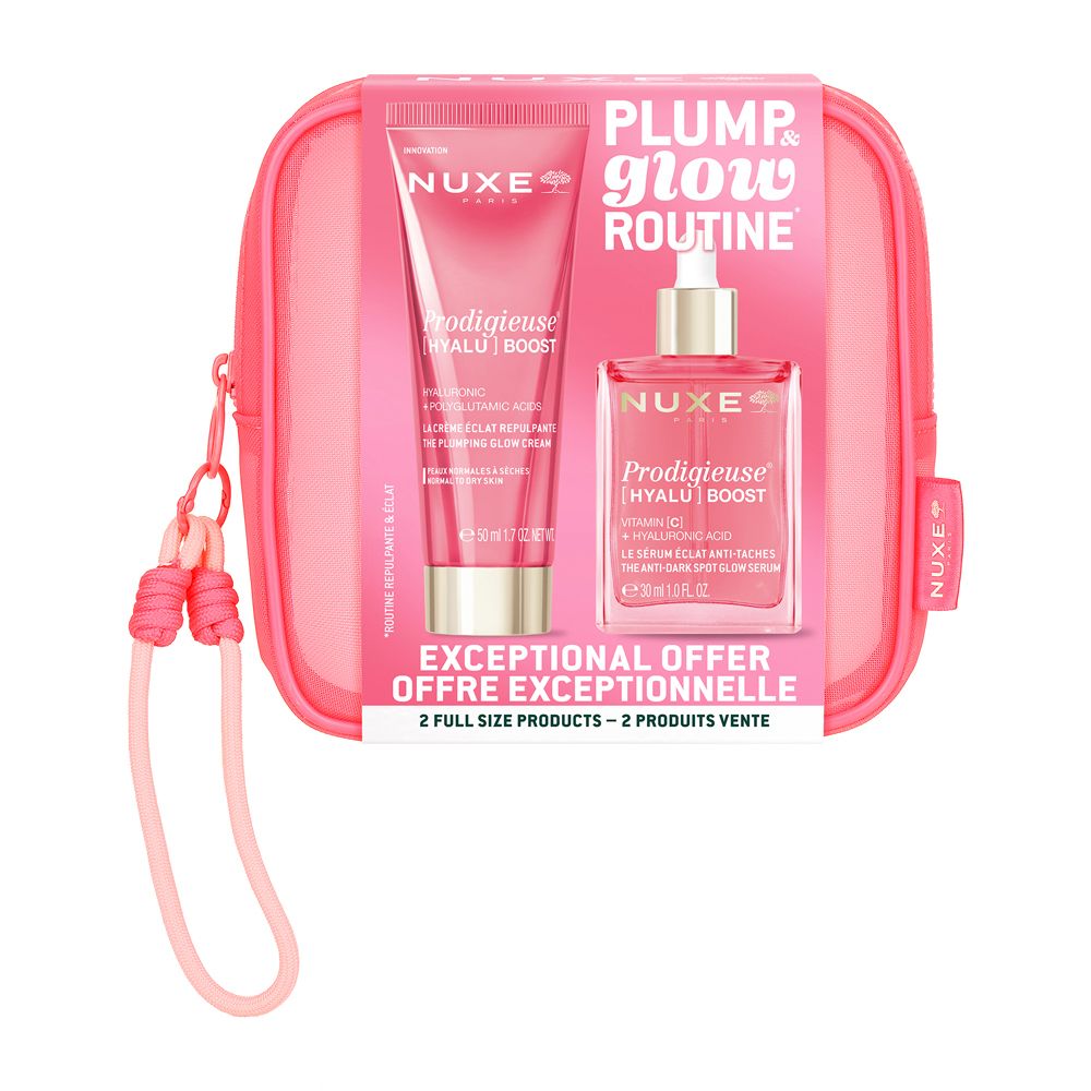 Trousse de toilette rose avec deux produits: crème et sérum. Inscription: NUXE Prodigieuse Hyalu Boost. Inscription: PLUMP & GLOW ROUTINE.