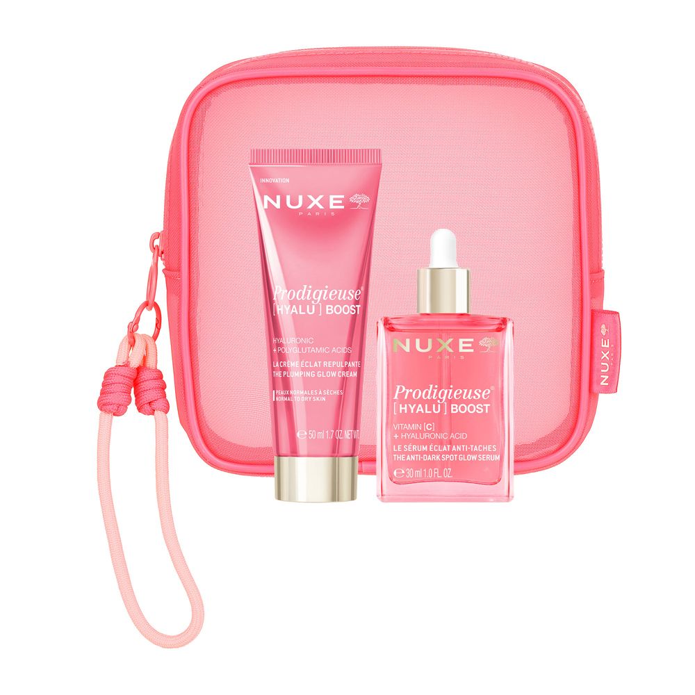 Trousse de toilette rose avec crème et sérum. Inscription: NUXE Prodigieuse Hyalu Boost. Inscription: Vitamine C + Acide Hyaluronique.