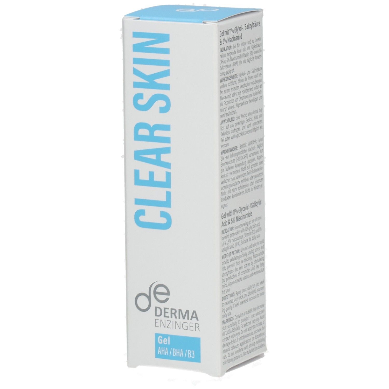 Seitenansicht der Derma Enzinger Clear Skin Gel Verpackung mit "CLEAR SKIN" Schriftzug.