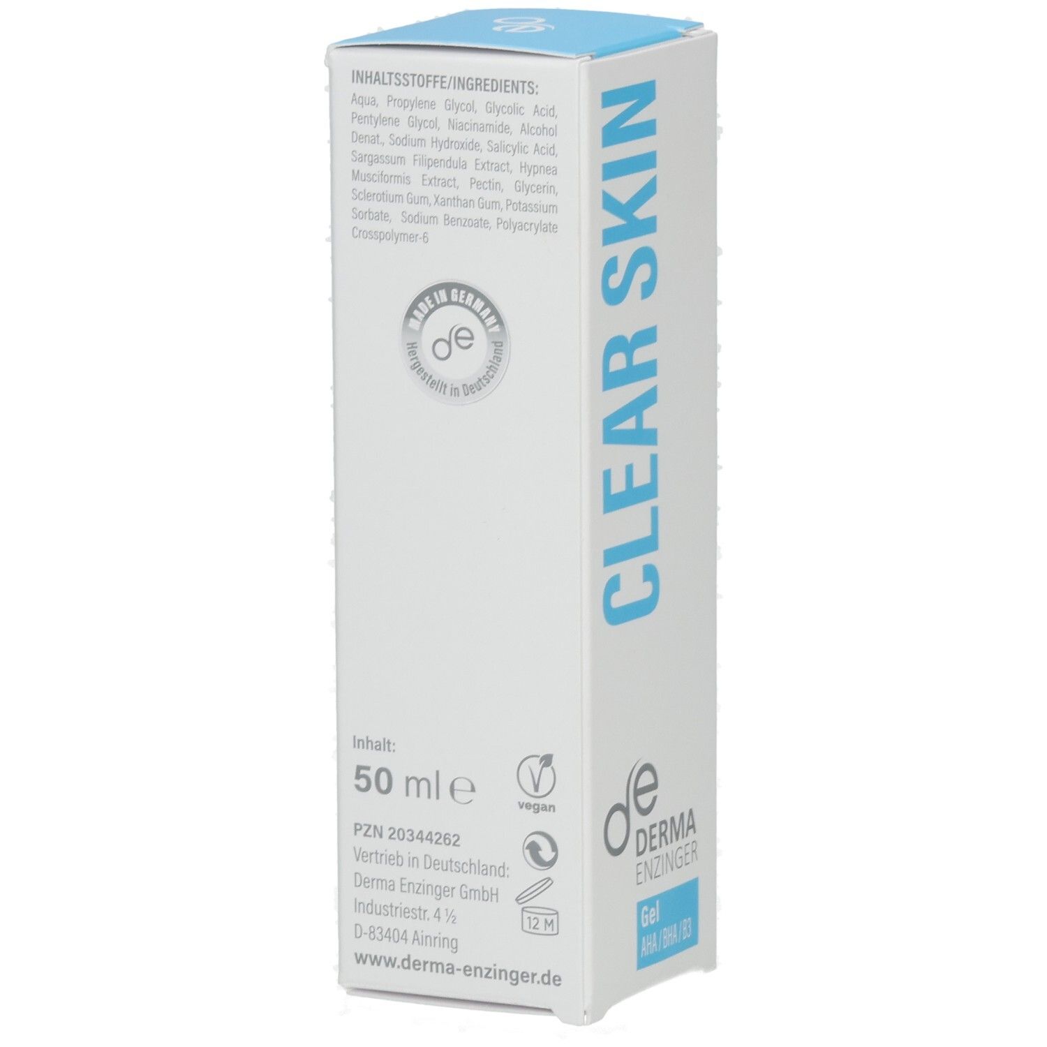 Detailansicht der Derma Enzinger Clear Skin Gel Verpackung mit Inhaltsstoffliste und Siegeln.