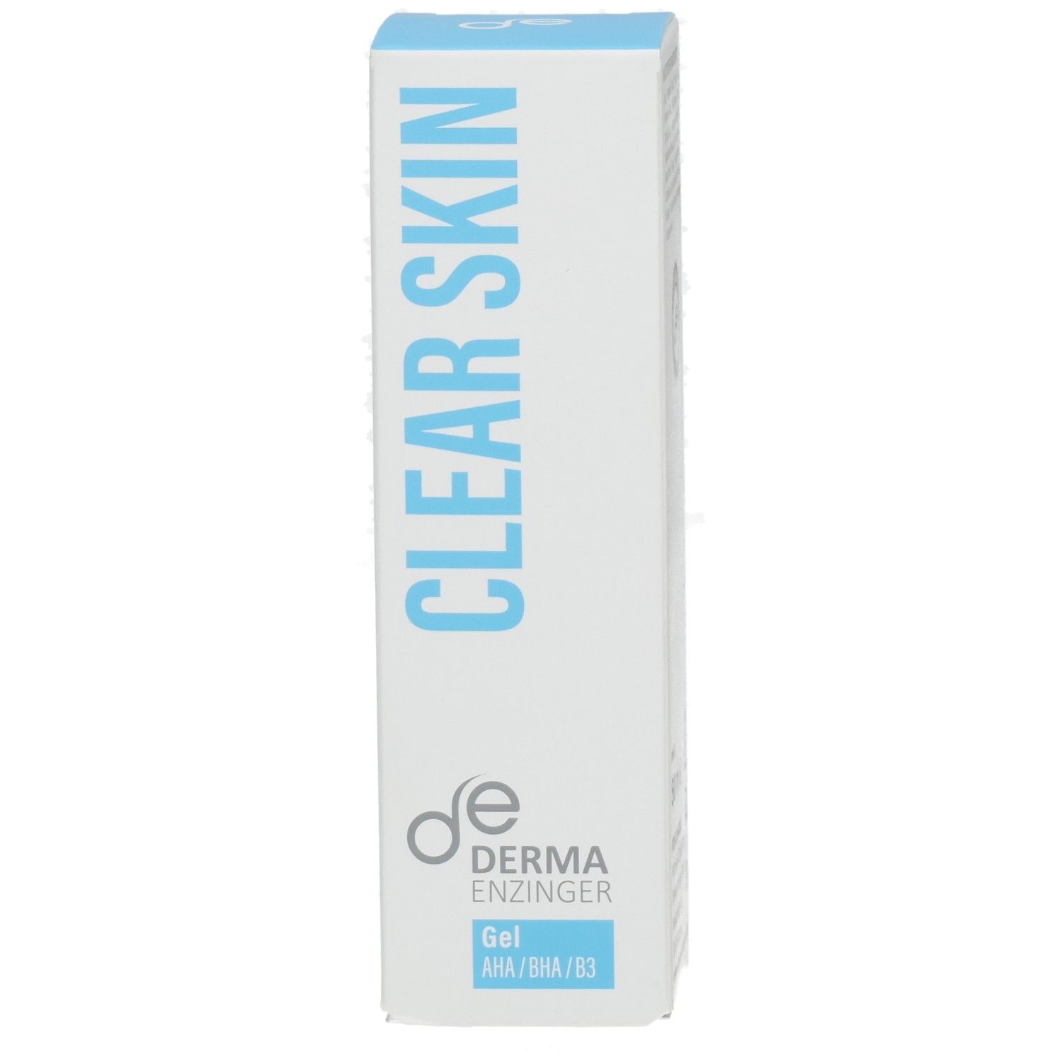 Vorderseite der Derma Enzinger Clear Skin Gel Verpackung mit "CLEAR SKIN" Schriftzug.