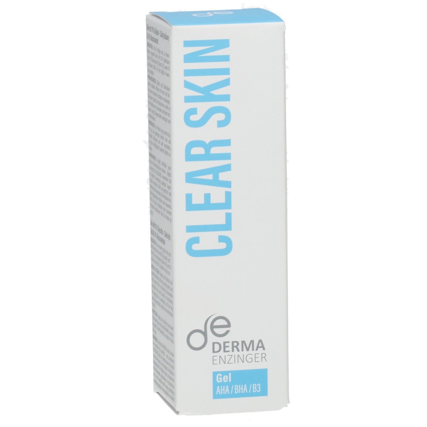 Nahaufnahme der Derma Enzinger Clear Skin Gel Verpackung mit "CLEAR SKIN" Schriftzug.