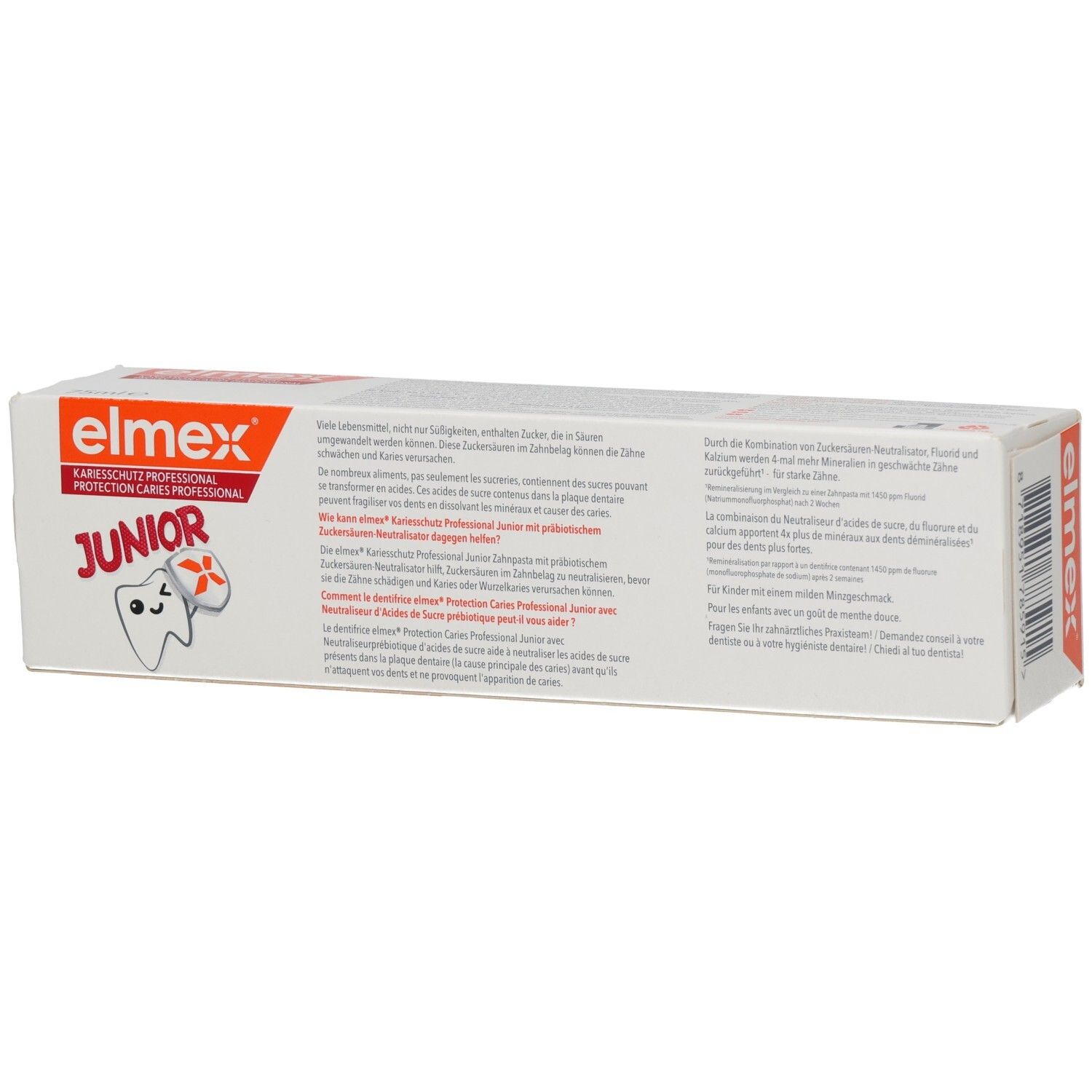 Elmex Kariesschutz Professional Junior Zahnpasta 6-12 Jahre, 75ml, Rückseite.